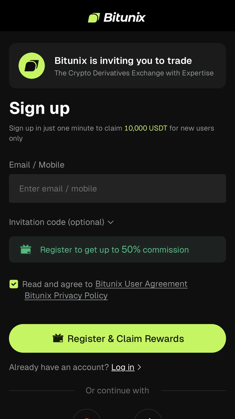 Real Bitunix registration screen showing the rebate offer at signup