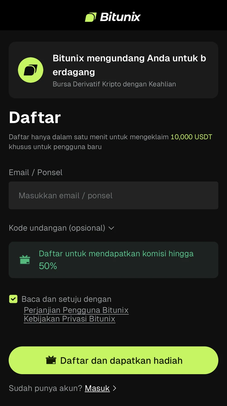 Layar pendaftaran Bitunix asli yang menunjukkan penawaran cashback saat mendaftar