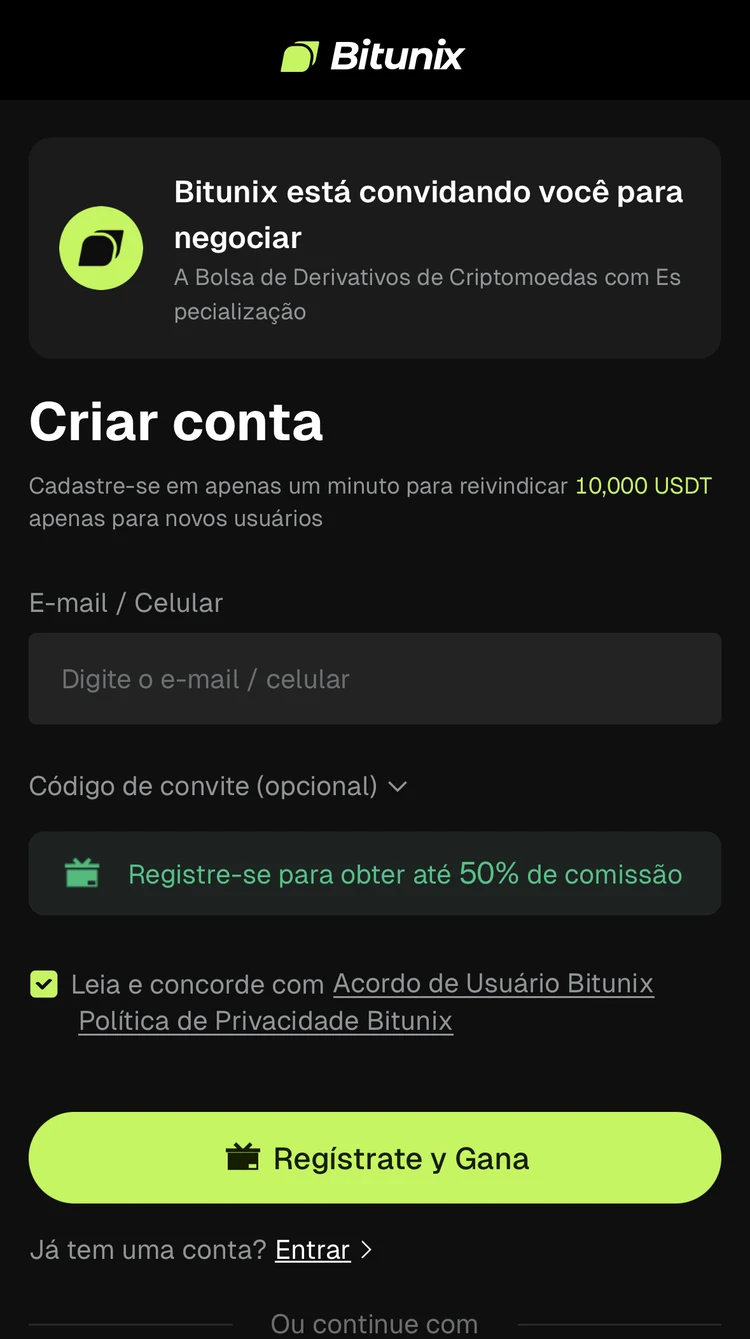 Tela real de cadastro da Bitunix mostrando a oferta de cashback no registro