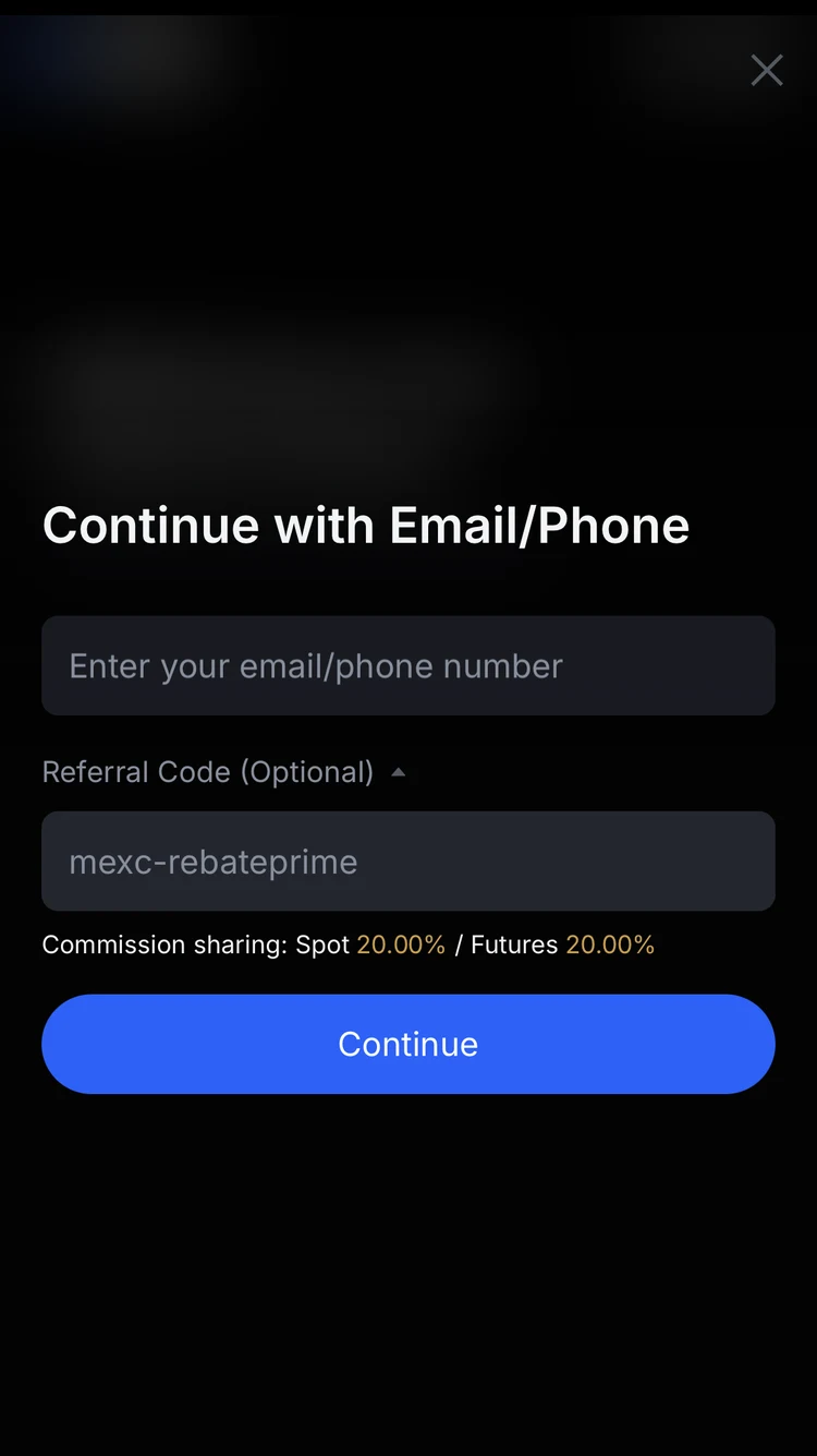 MEXC registration screen showing the RebatePrime referral code and rebate rate