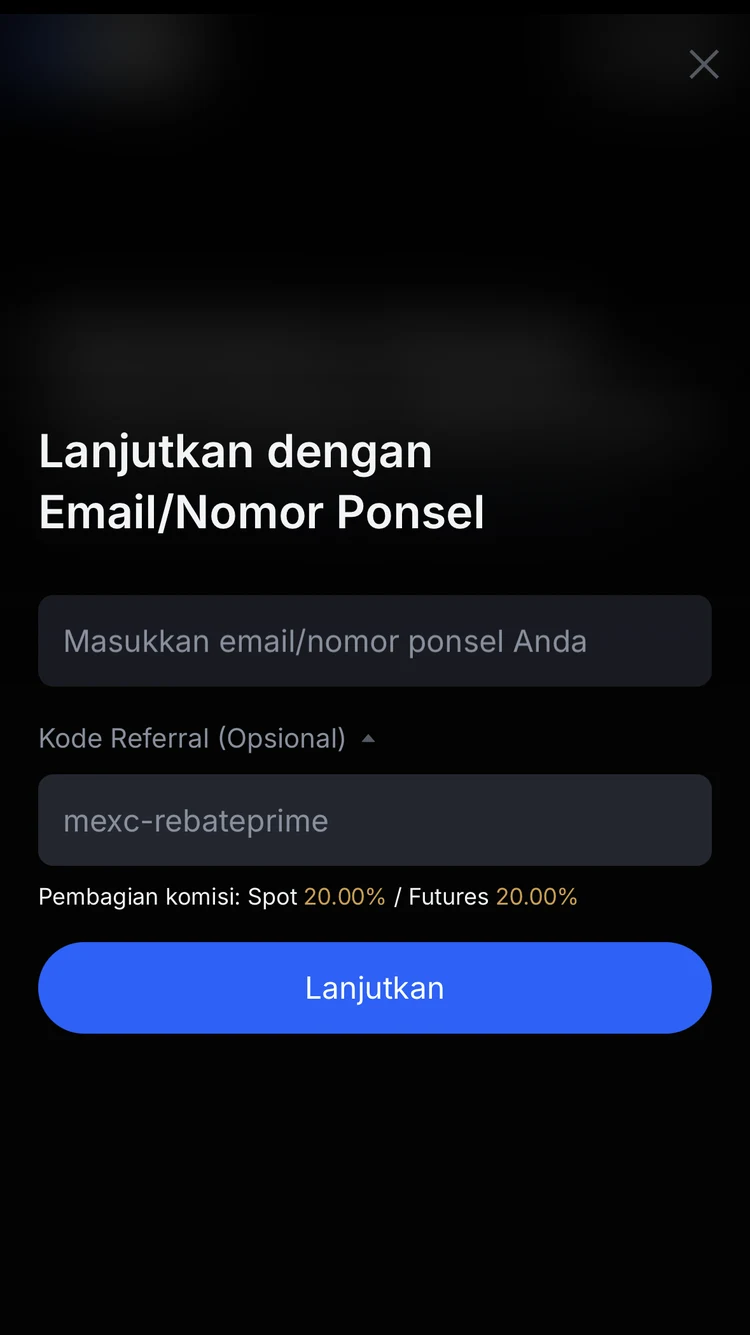 Layar pendaftaran MEXC menampilkan kode referral RebatePrime dan persentase rebate