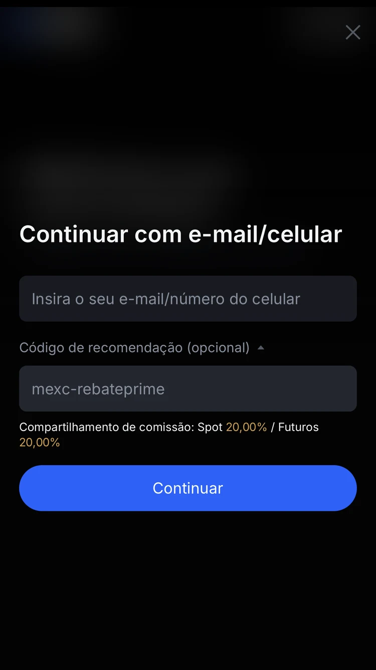 Tela de cadastro da MEXC mostrando o código de indicação da RebatePrime e a taxa de rebate