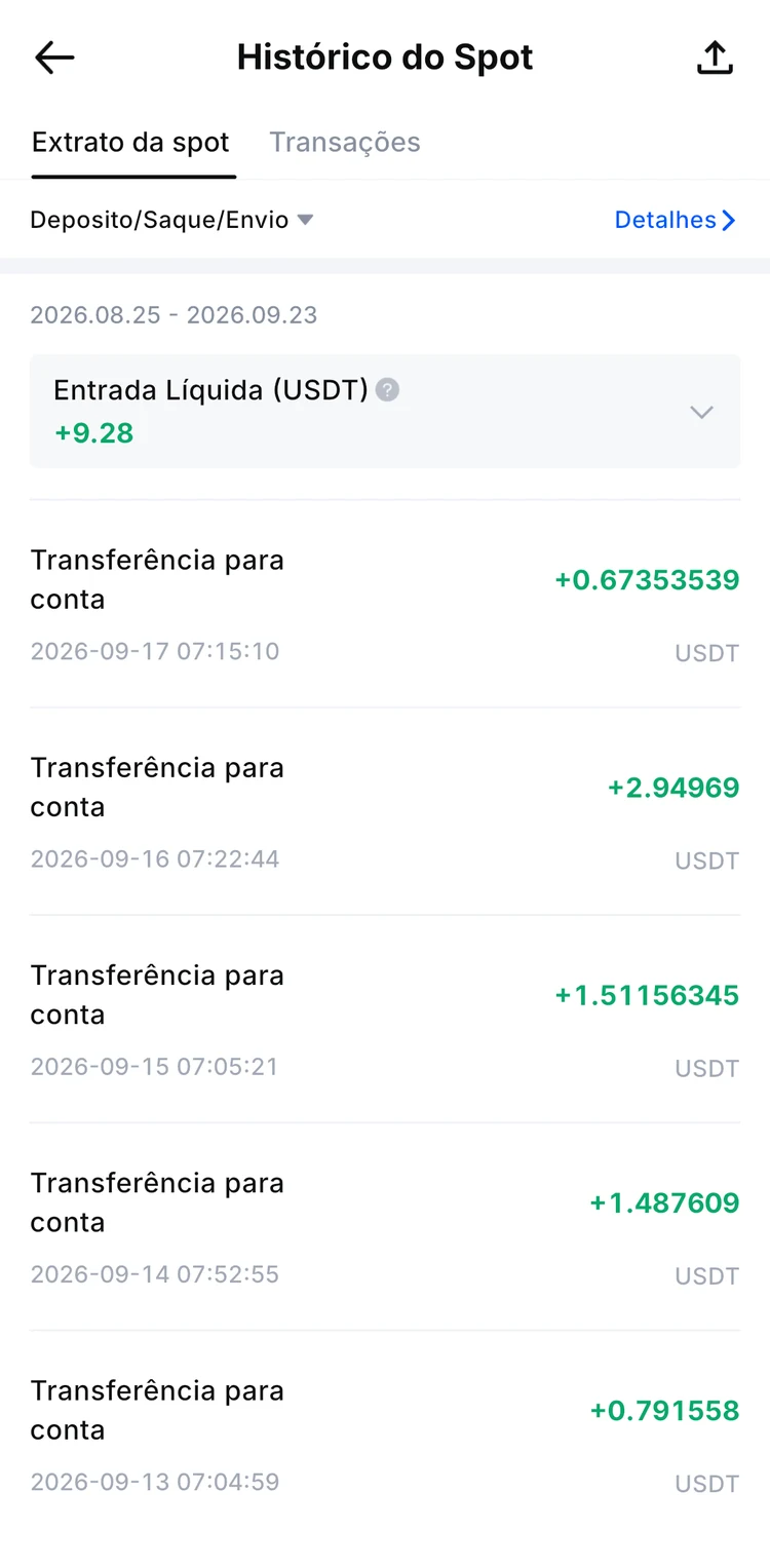 Extrato Spot da MEXC mostrando transferências internas da RebatePrime