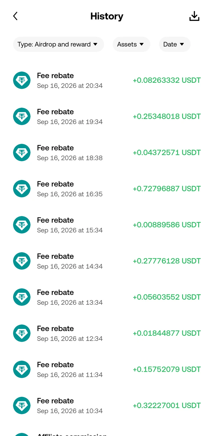 OKX Funding history showing rebate credits in USDT